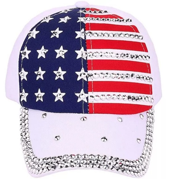 American flag patriotic rhinestone white hat baseball cap for women and girls - Picture 3 of 3